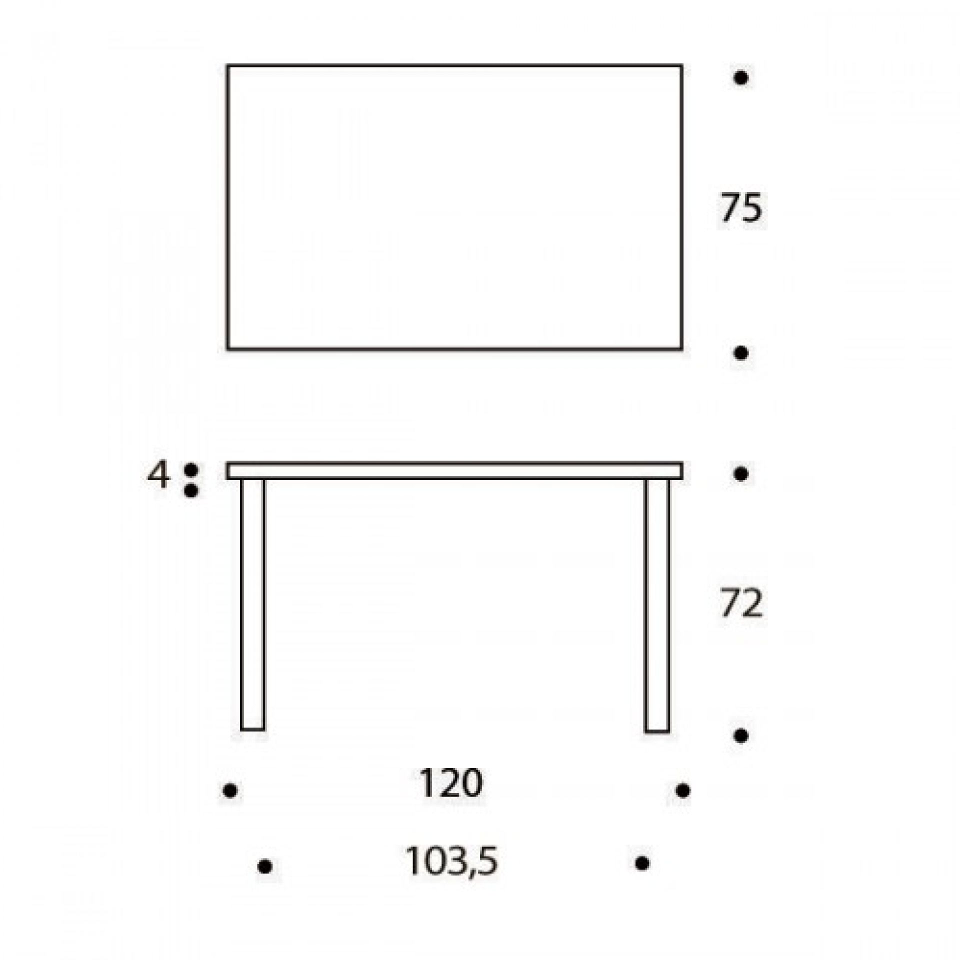 Skizze des Artek 81B Tisches mit Maßen für Höhe, Breite und Tiefe.